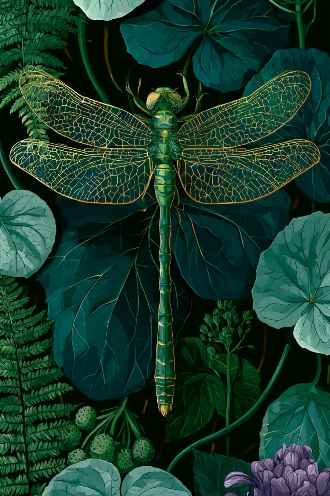 Close-up of green dragonfly botanical wall art with gold wing detail and layered leaves
