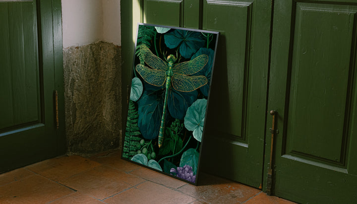 Framed botanical wall art print featuring a green dragonfly with gold wing detail