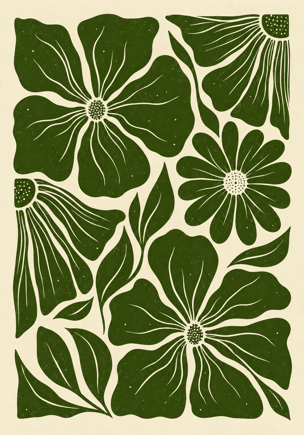 Green floral botanical wall art poster with oversized cream flowers and geometric leaves