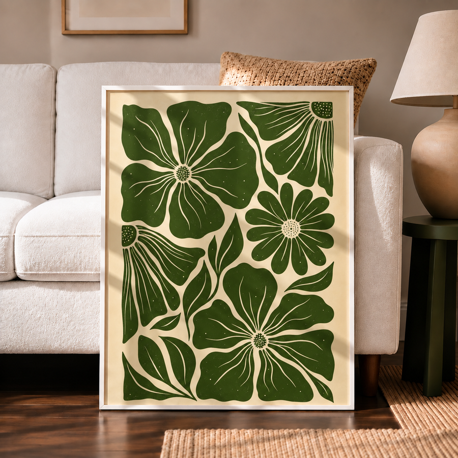 Green floral botanical wall art displayed in a bright modern living room