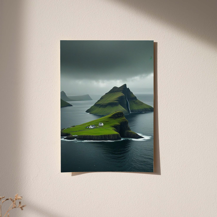 Green island cliffs and dark sea as an unframed print against a pale plaster wall with soft shadows