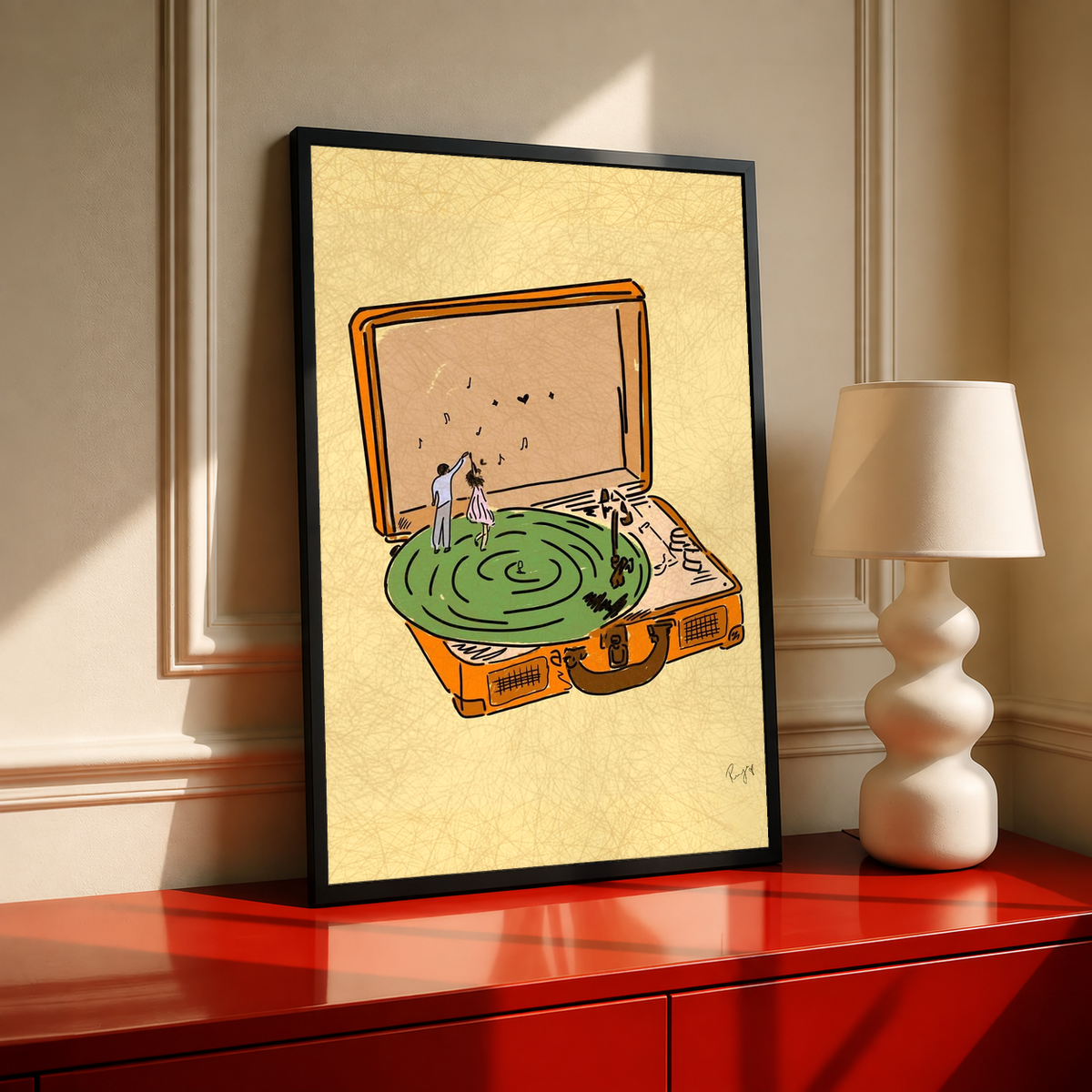 Black-framed record player wall art print with green vinyl platter and dancer silhouettes