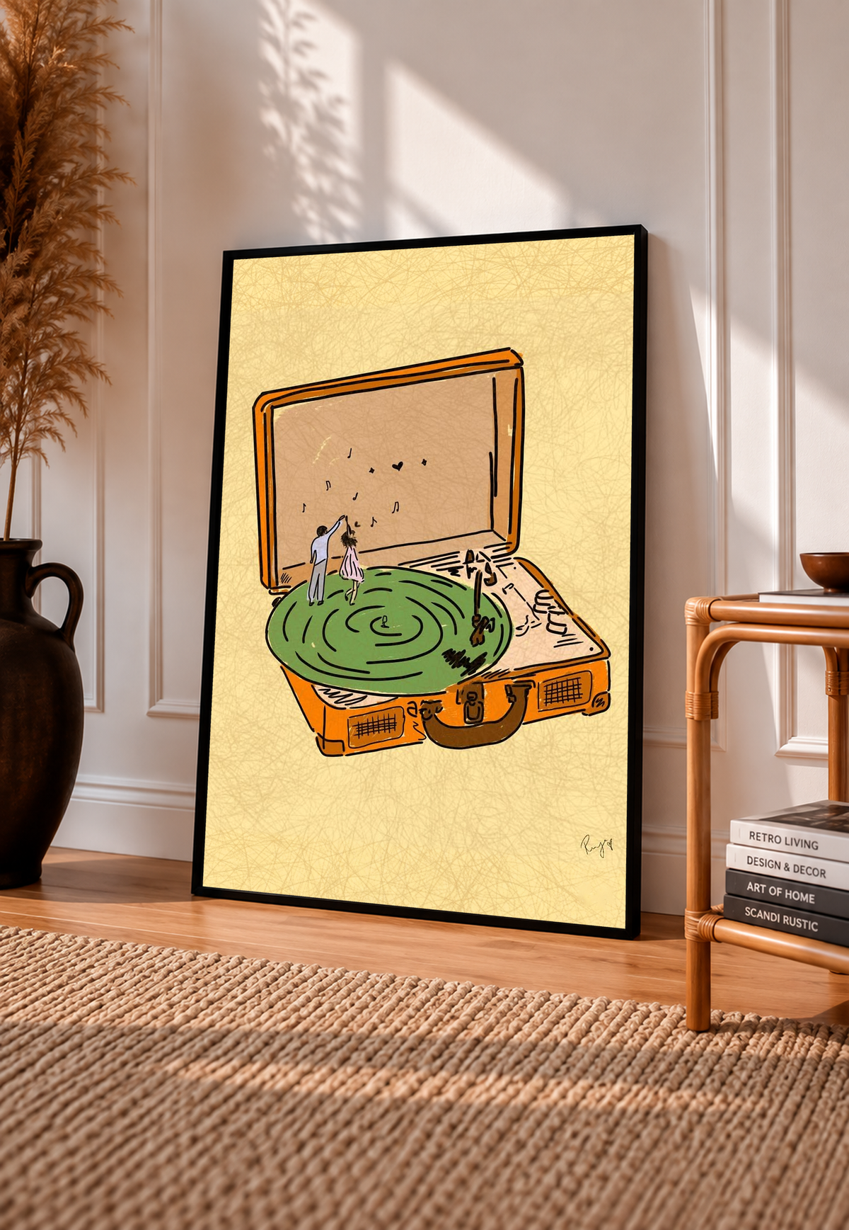 Black-framed textured yellow poster print of a green record player with tiny dancer figures