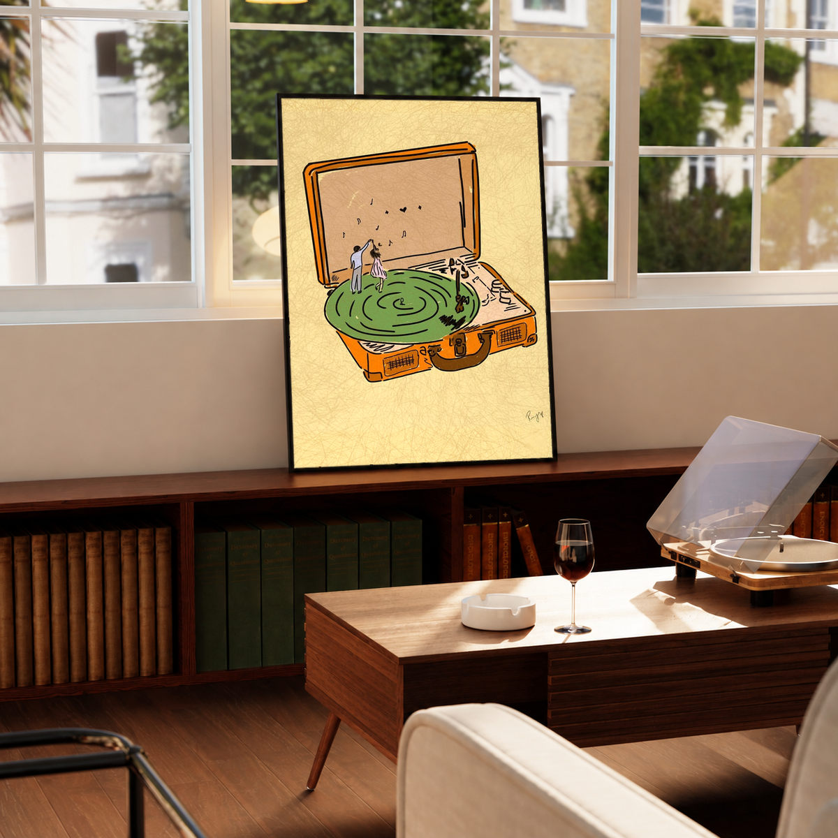 Framed record player art print featuring a green platter and tiny dancer figures