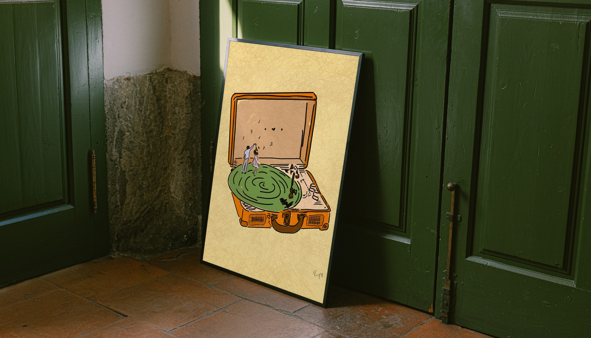 Framed record player print with green turntable and tiny dancer figures by dark green doors