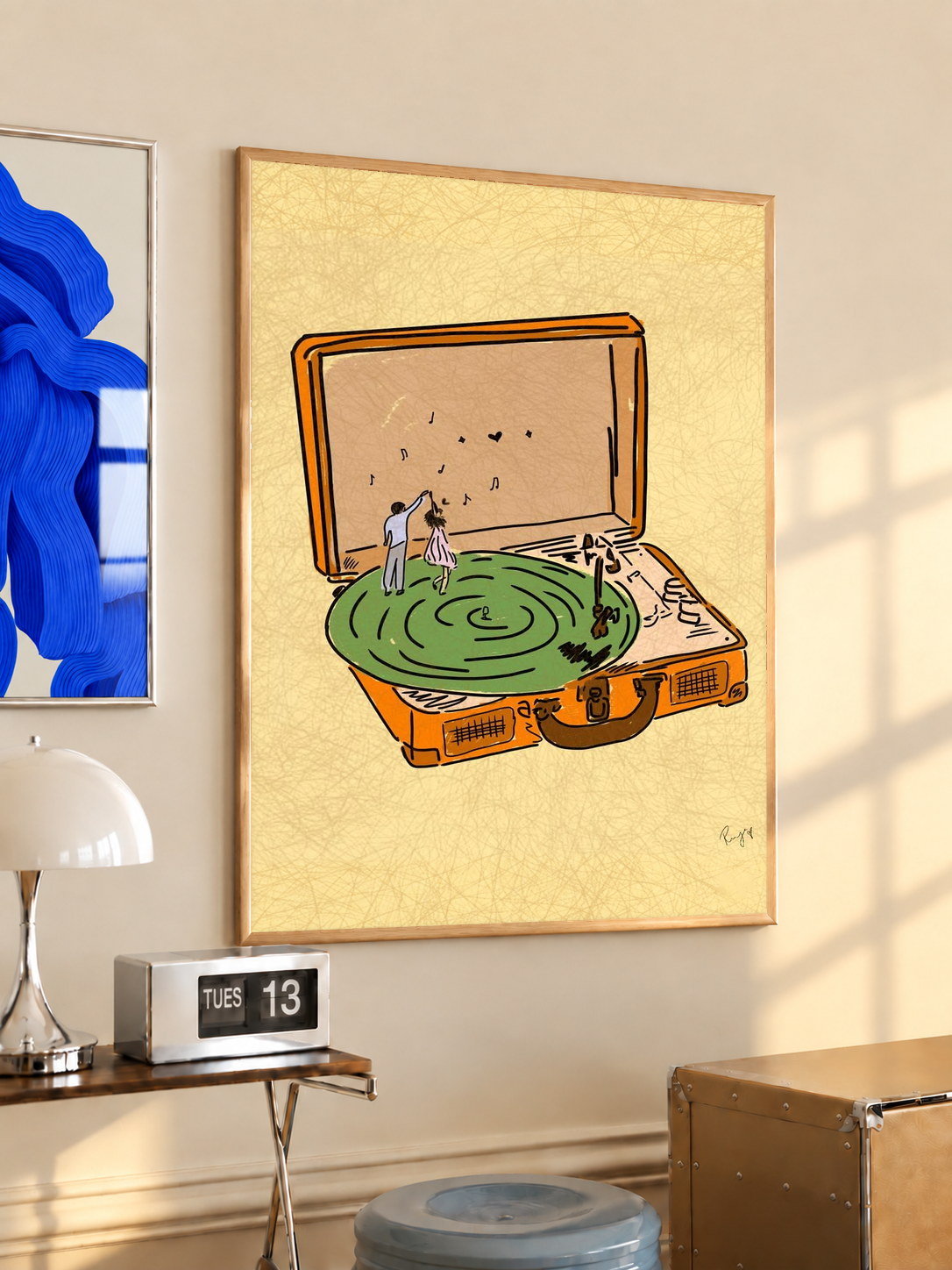 Textured yellow framed record player art print with green platter and tiny dancer figures