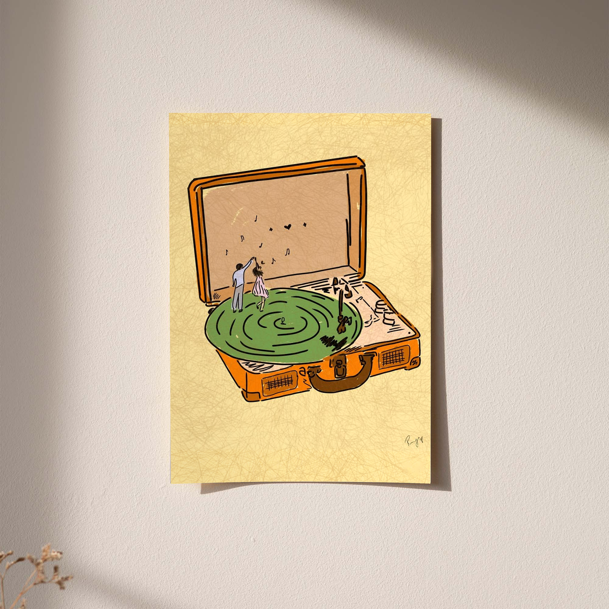 Textured yellow record player art print with green platter and tiny dancer figures on wall