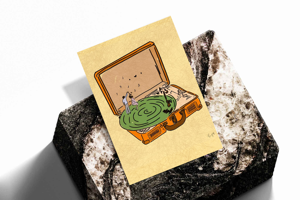 Yellow record player art print with green platter and tiny dancers on textured stone