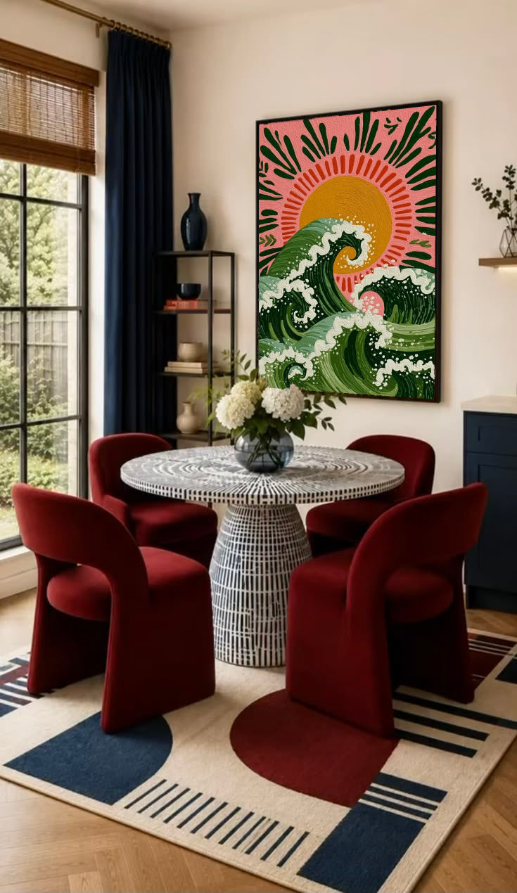 Curling green waves with cream foam beneath an orange sun on a pink background in a black frame on the wall of a dining nook with red chairs