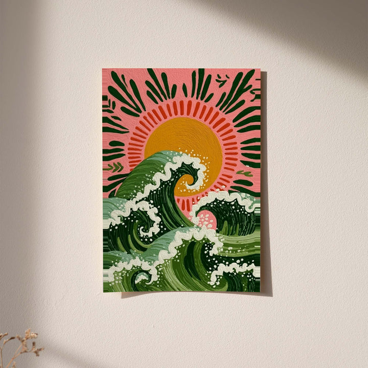Curling green waves with cream foam beneath an orange sun on a pink background displayed without a visible frame on a softly lit pale wall