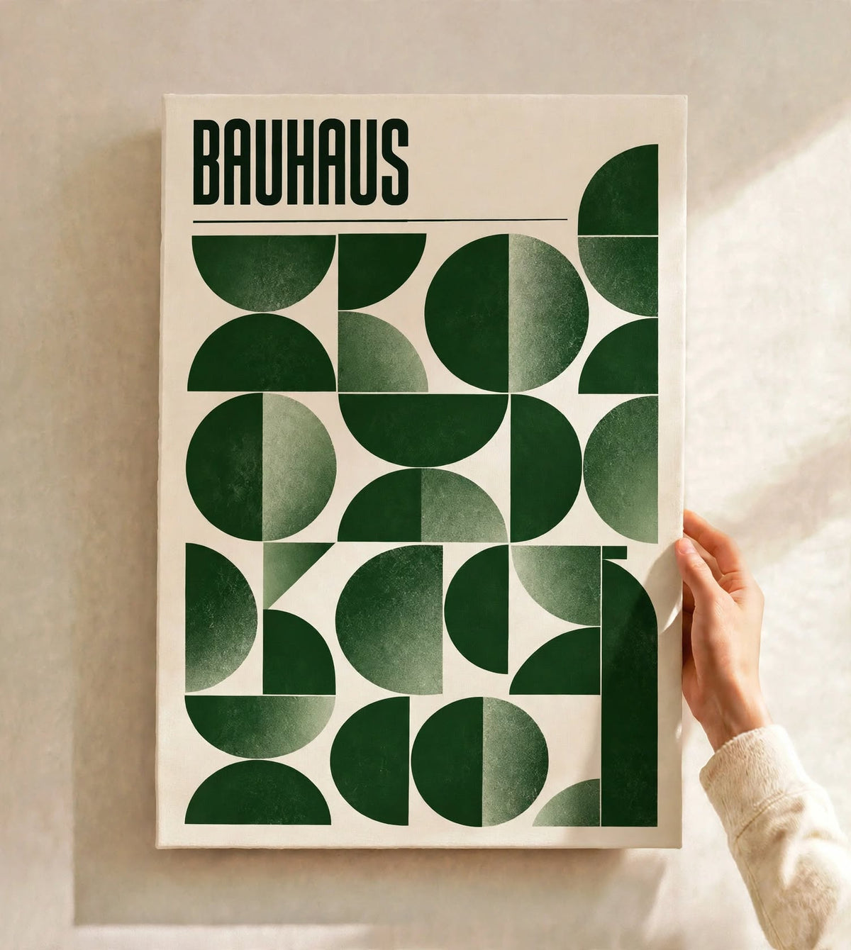 Green Bauhaus Art Print built from mirrored curved forms that create a playful pattern across the poster