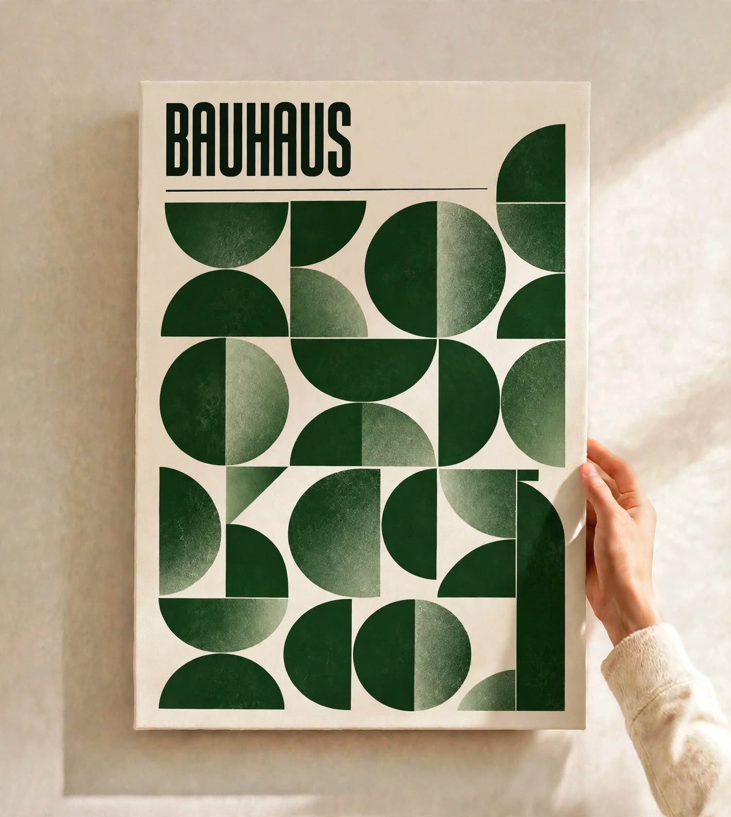 Green Bauhaus Art Print built from mirrored curved forms that create a playful pattern across the poster