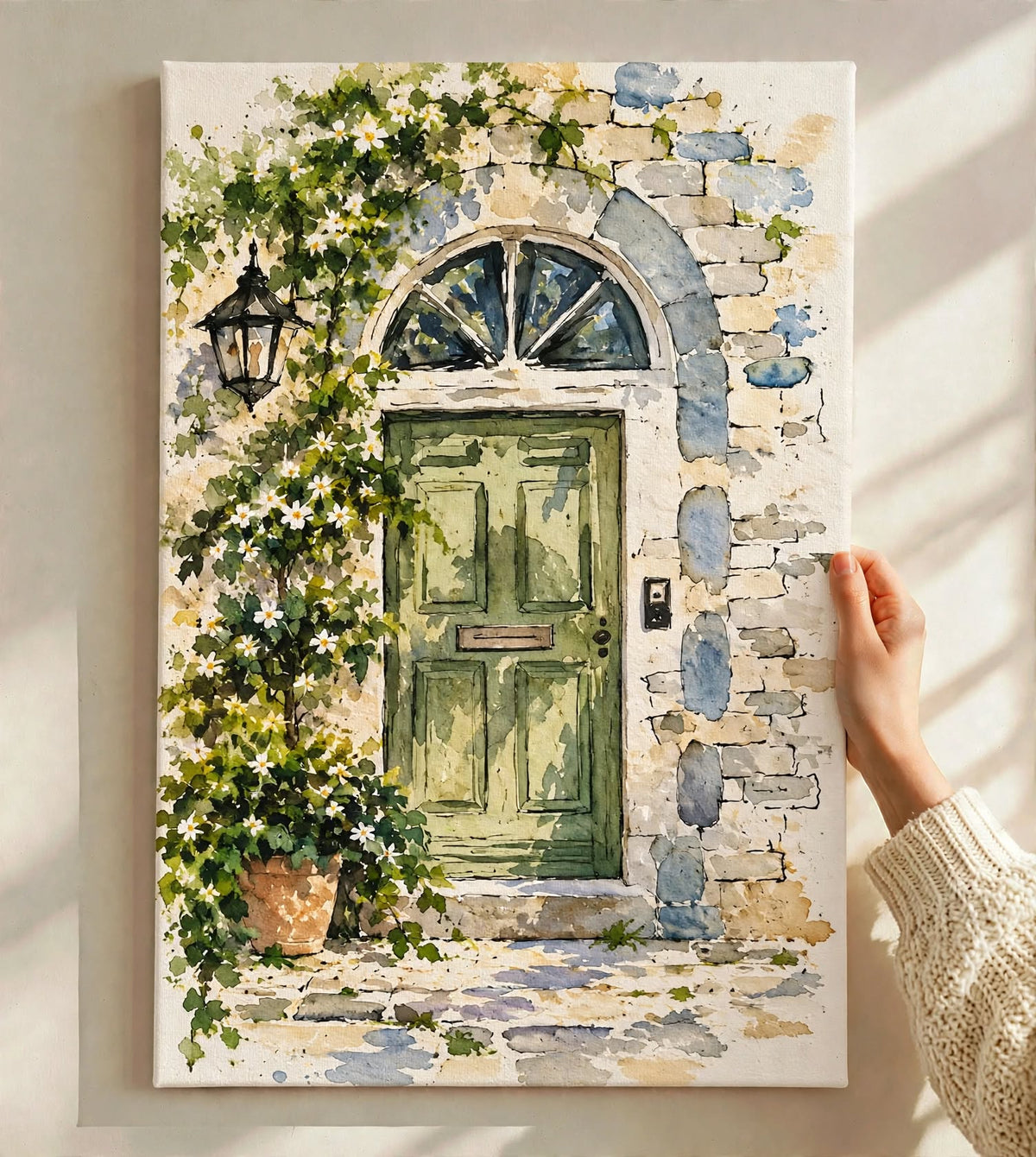 Mediterranean Door Watercolor Art Print held against a sunlit wall with leafy vines surrounding the tall arched doorway
