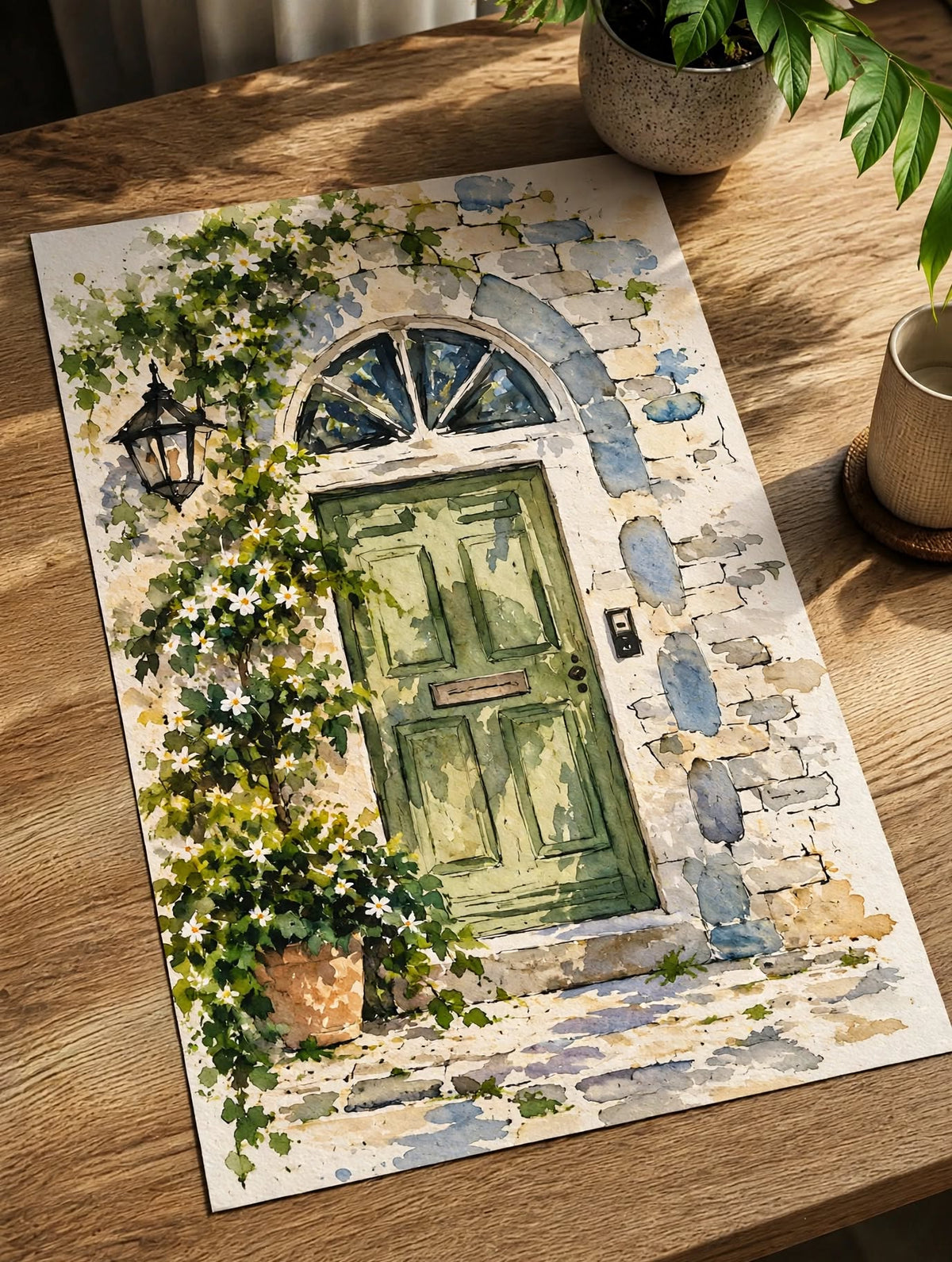 Mediterranean Door Watercolor Art Print photographed at an angle on wood, emphasizing painterly textures and the secluded entrance