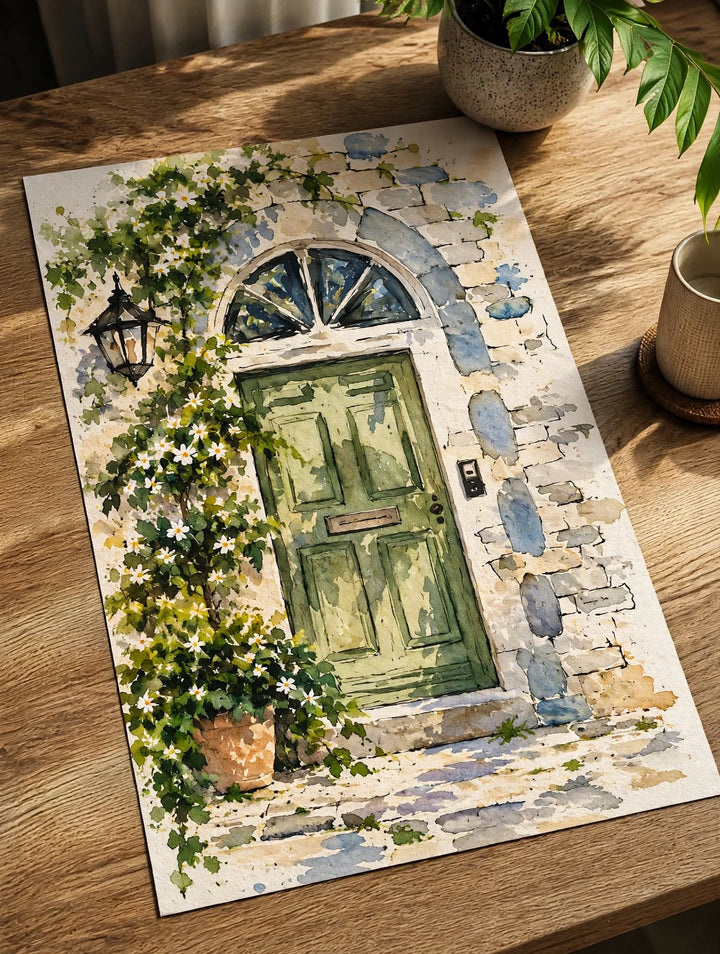 Mediterranean Door Watercolor Art Print photographed at an angle on wood, emphasizing painterly textures and the secluded entrance