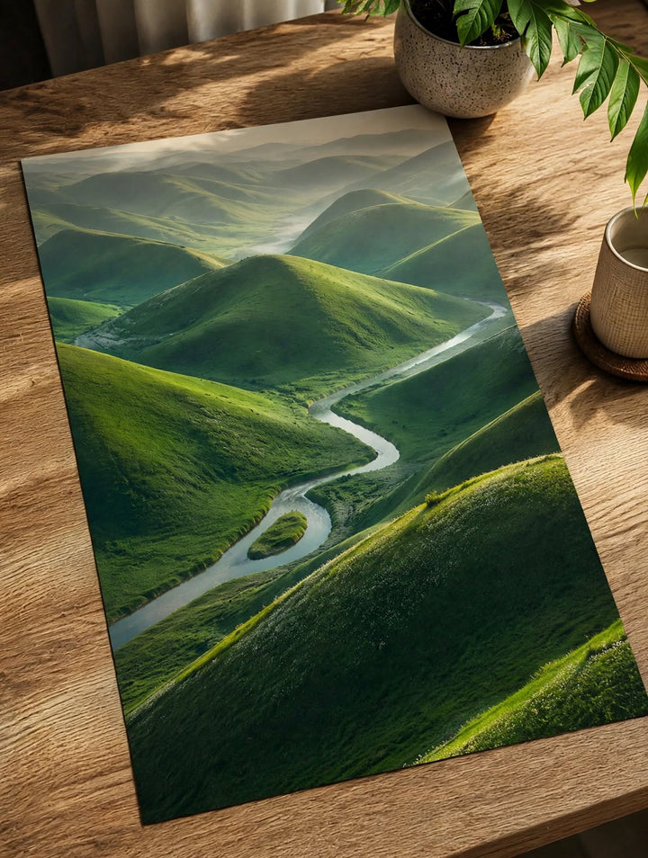 Winding Road Green Hills Art Print styled with natural wood decor in a calm contemporary space