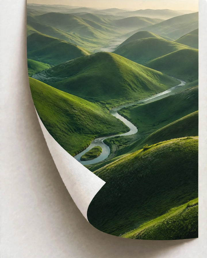 Winding Road Green Hills Art Print featuring a winding path surrounded by deep forest green hills