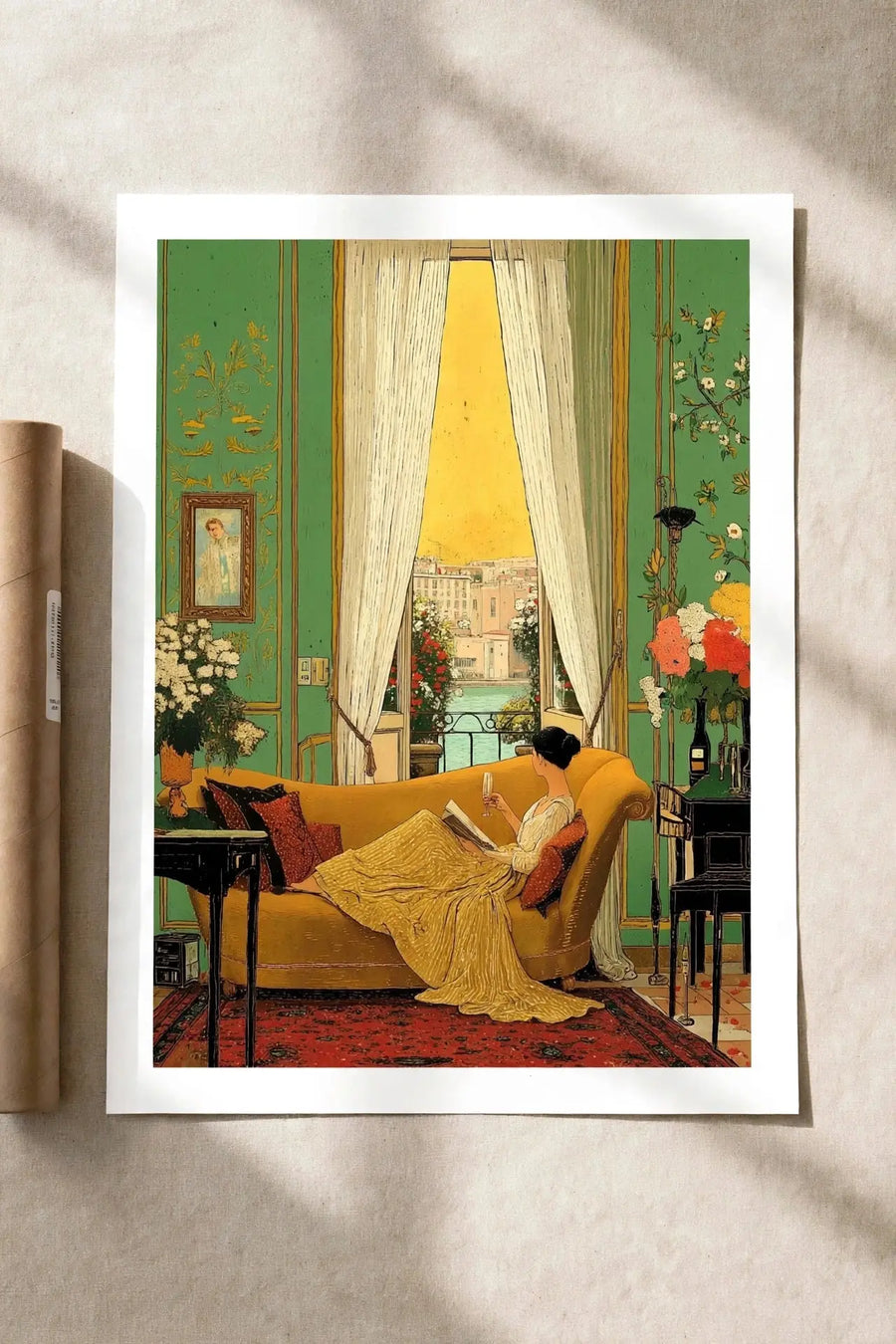 Golden Afternoon art poster with colorful interior scene and woman in yellow dress