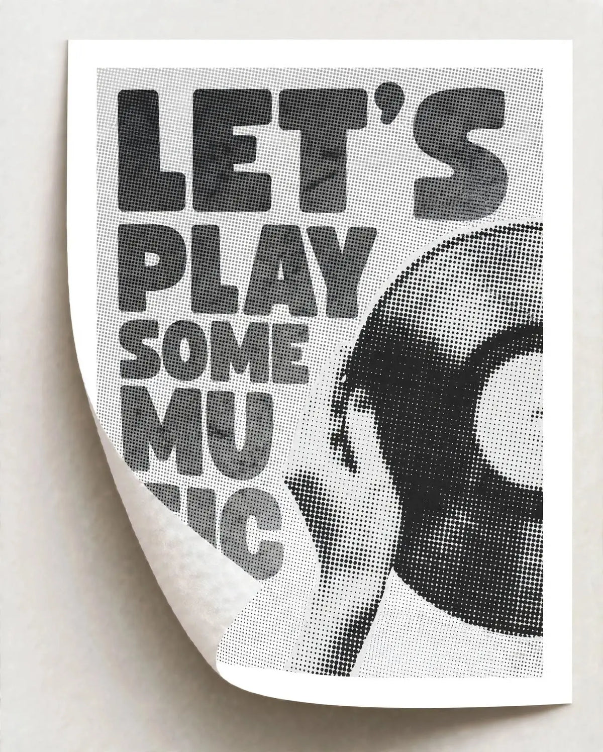 Black-and-white typography art print showing 'LET'S PLAY SOME MUSIC' and microphone image