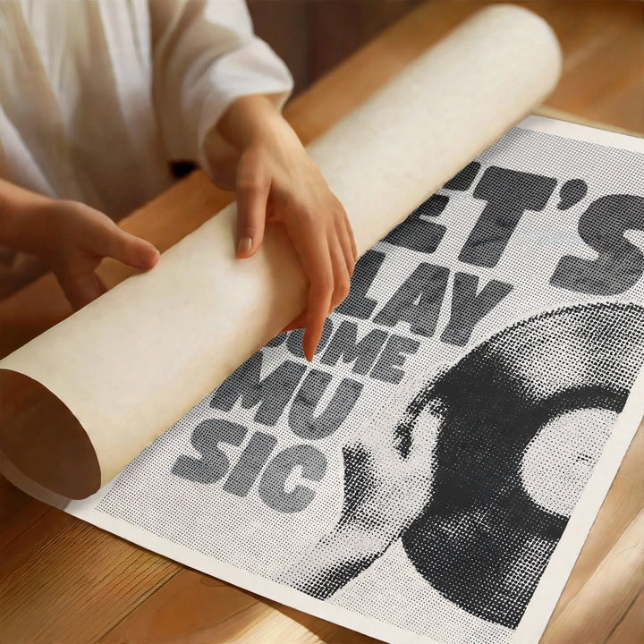 Music Typography Art Print shown as an unframed poster with bold monochrome music graphics