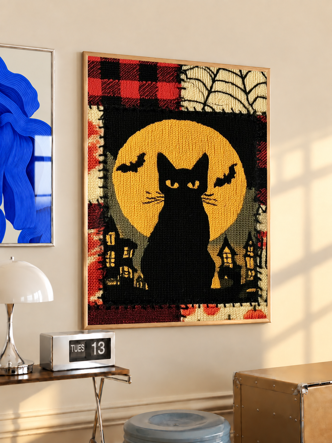 Halloween black cat wall art with large yellow moon, red plaid border, bats silhouettes