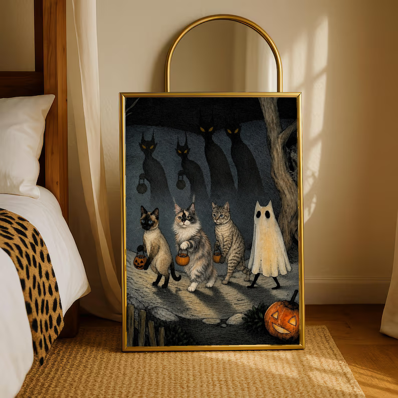 Halloween cat and ghost art print in gold frame, cats lined up with ghost and pumpkins