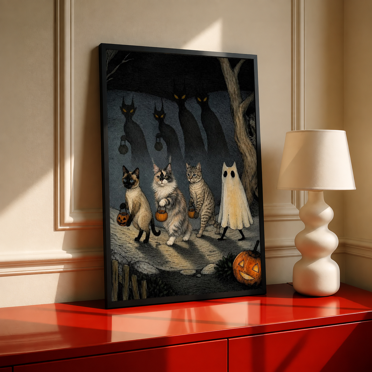 Halloween cat and ghost art print in black frame, cats and a friendly ghost with pumpkins