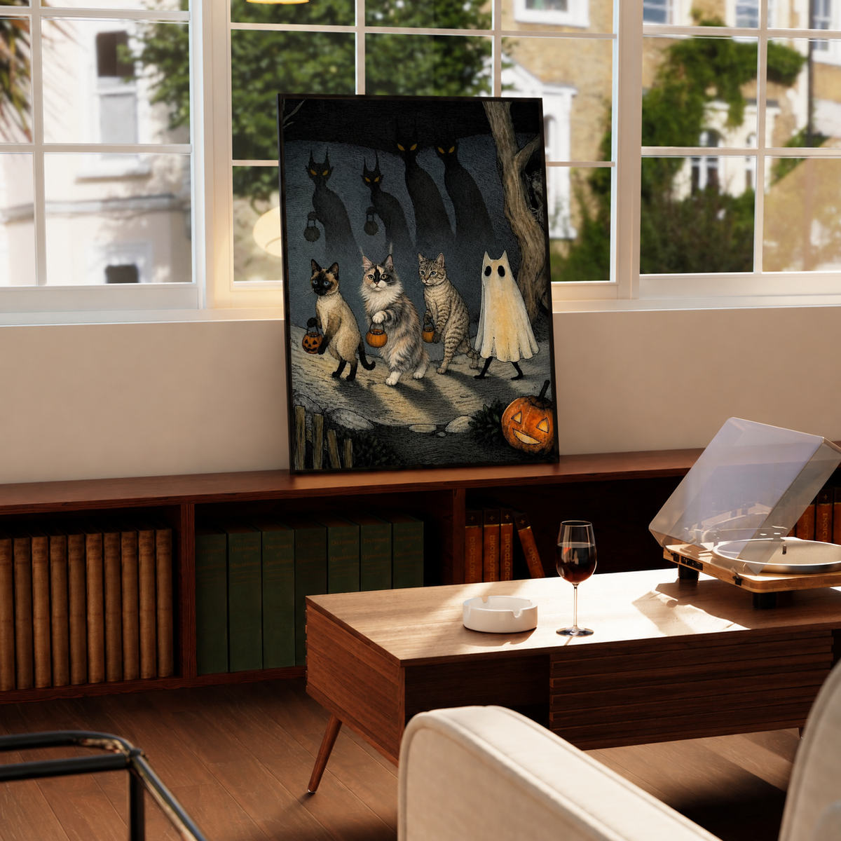 Halloween cat and ghost art print on black frame, cats and ghost under window light