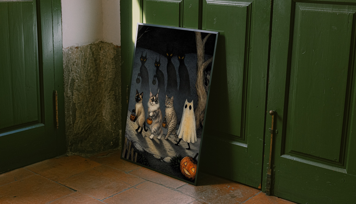 Halloween cat and ghost art print in black frame, cats and ghost beside orange jack-o'-lantern
