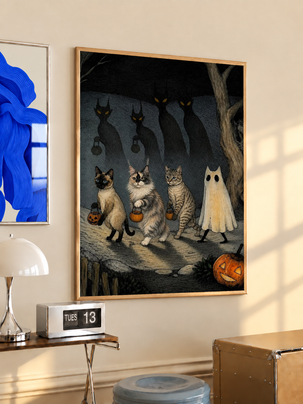 Halloween cat and ghost art print in black frame, cats with hanging shadows and pumpkins