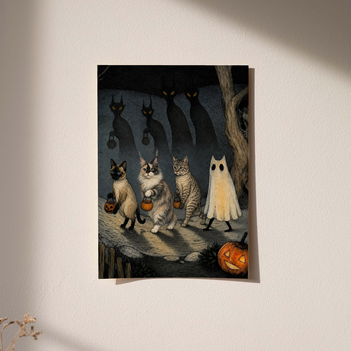 Halloween cat and ghost art print in black frame, cats with ghost and jack-o'-lantern
