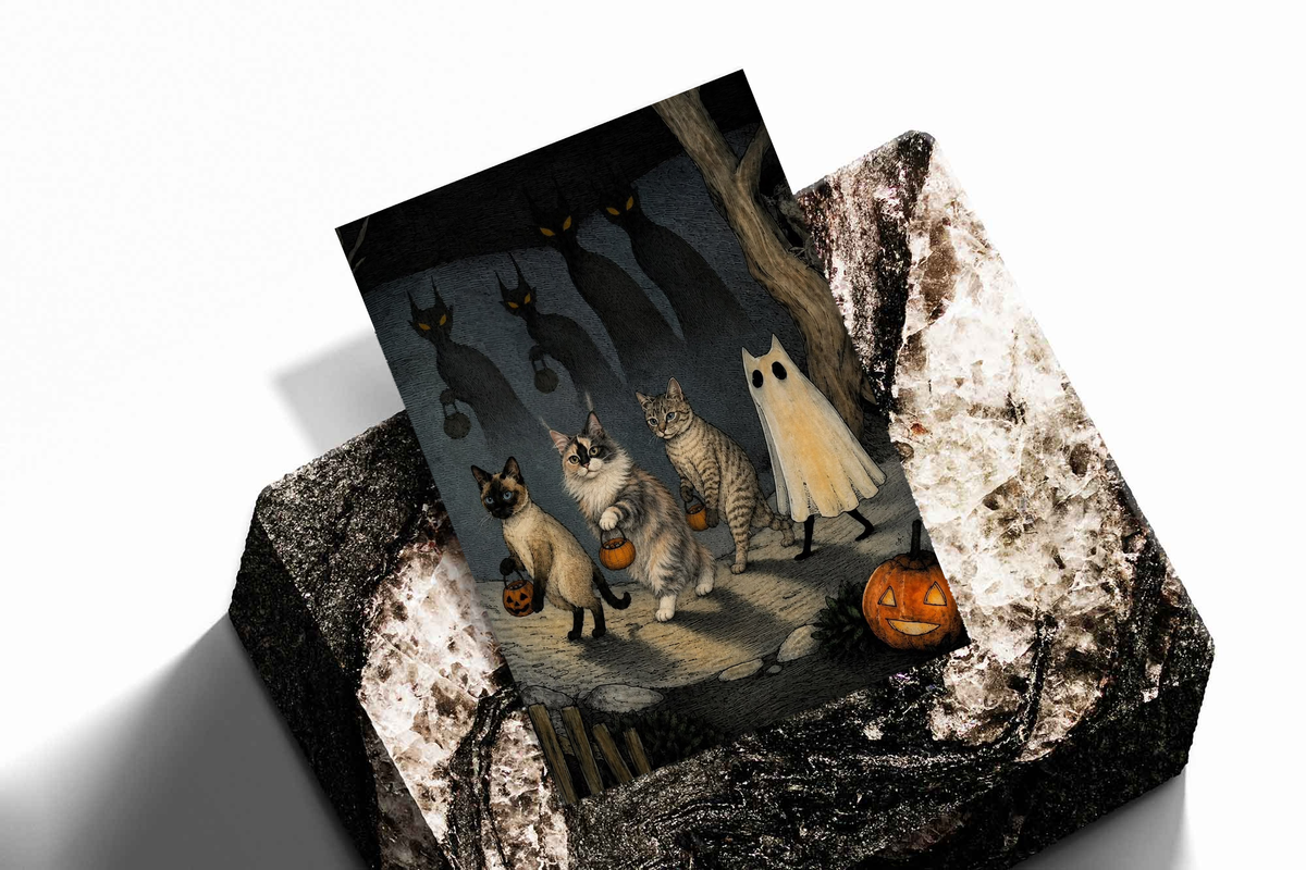 Halloween cat and ghost art print, cats, ghost, and pumpkins on white background
