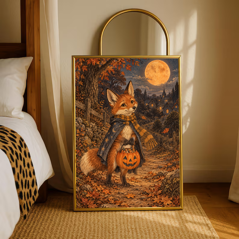 Halloween fox art print, gold frame; orange fox holding jack-o’-lantern under full moon.