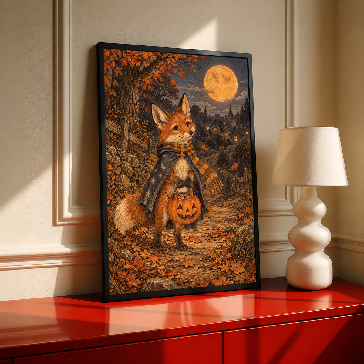 Halloween fox art print, black frame; orange fox with jack-o’-lantern in autumn village.