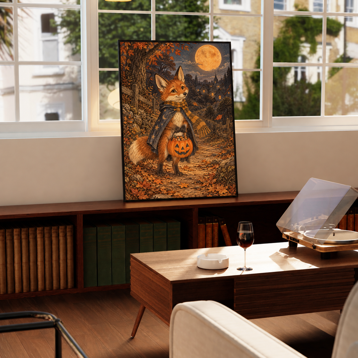 Halloween fox art print in dark frame; fox holding jack-o’-lantern on moonlit path.