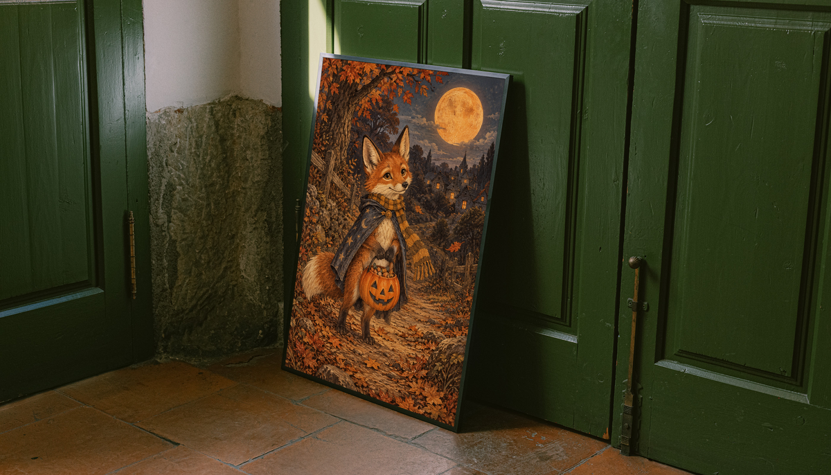 Halloween fox art print, black frame; fox with jack-o’-lantern on autumn path at night.