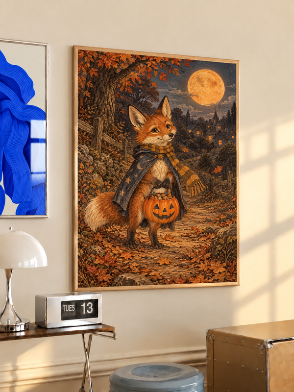 Halloween fox art print, black frame; fox holds jack-o’-lantern under full moon.