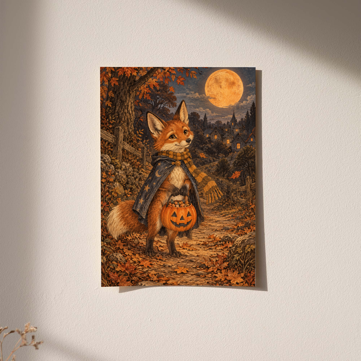 Halloween fox art print, light frame; fox holding jack-o’-lantern beneath round moon.