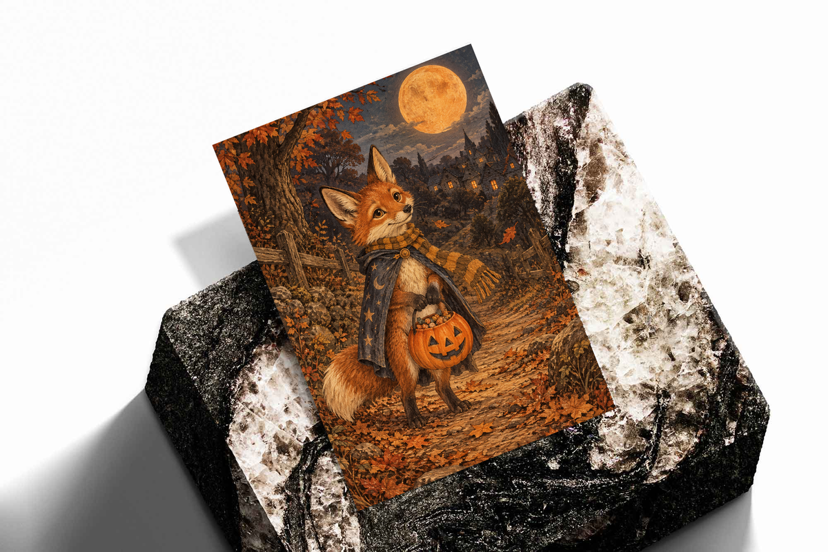 Halloween fox art print featuring fox with jack-o’-lantern under moonlit autumn scenery.