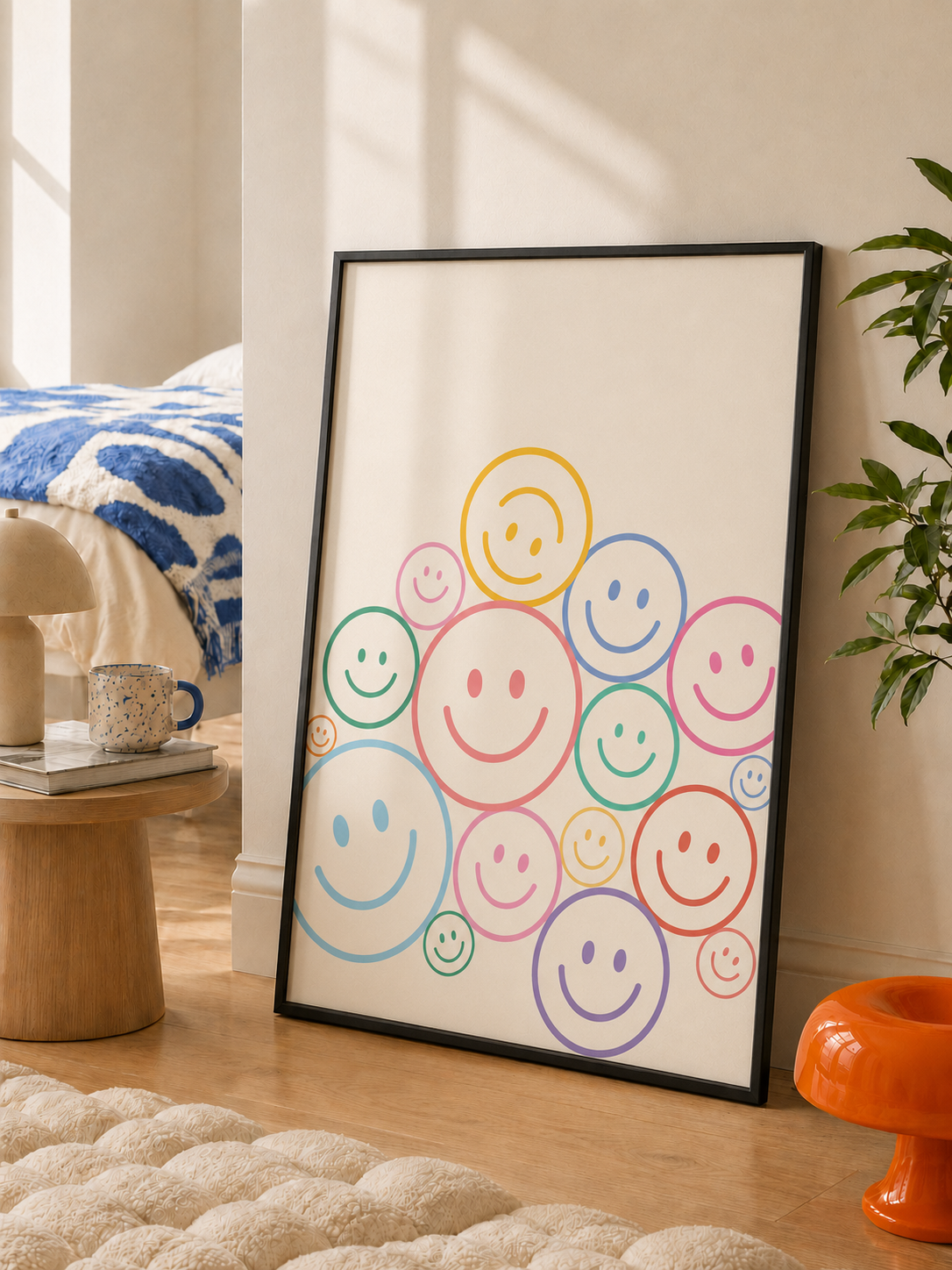 Framed smiley wall art print in black with colorful circular faces on white