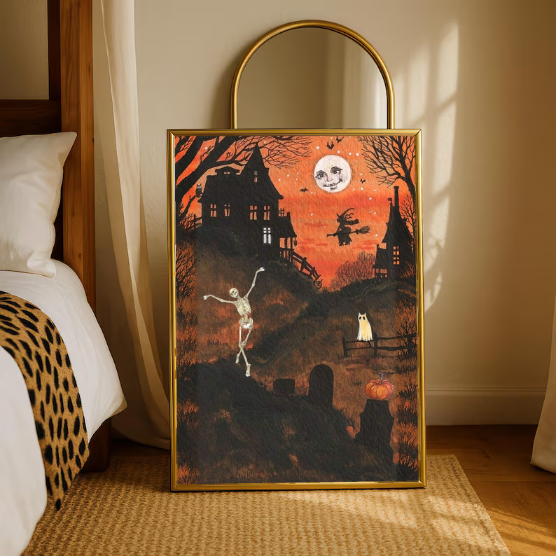 Halloween art print with dancing skeleton and moon face, gold frame