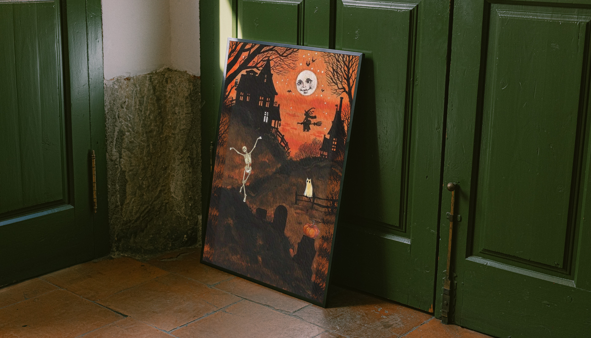 Halloween art print with dancing skeleton and moon face, black frame
