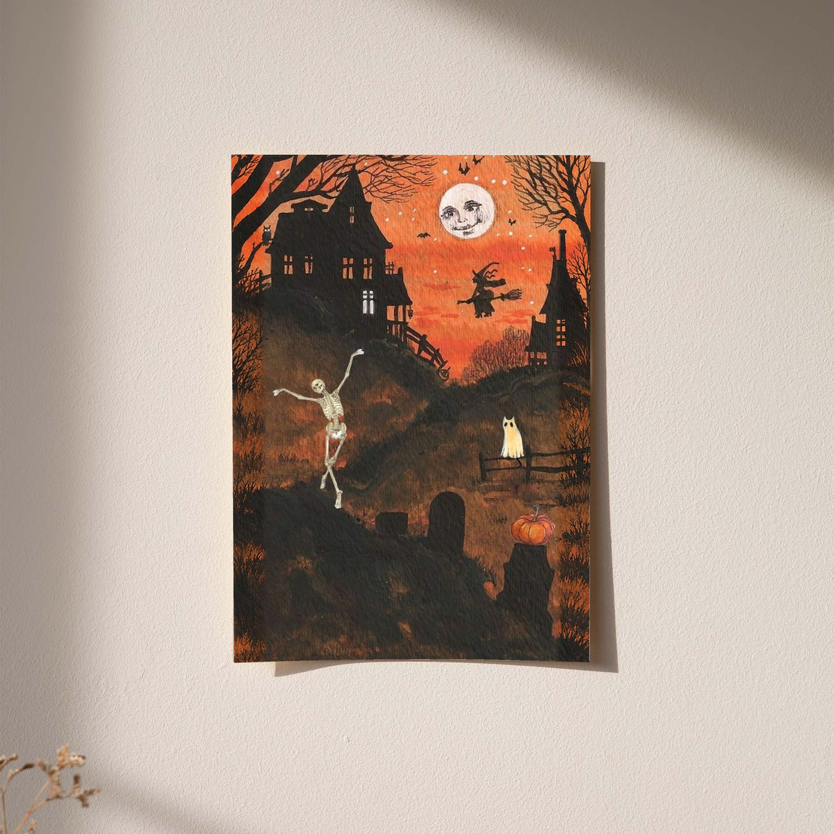 Halloween art print with dancing skeleton and moon face, no visible frame