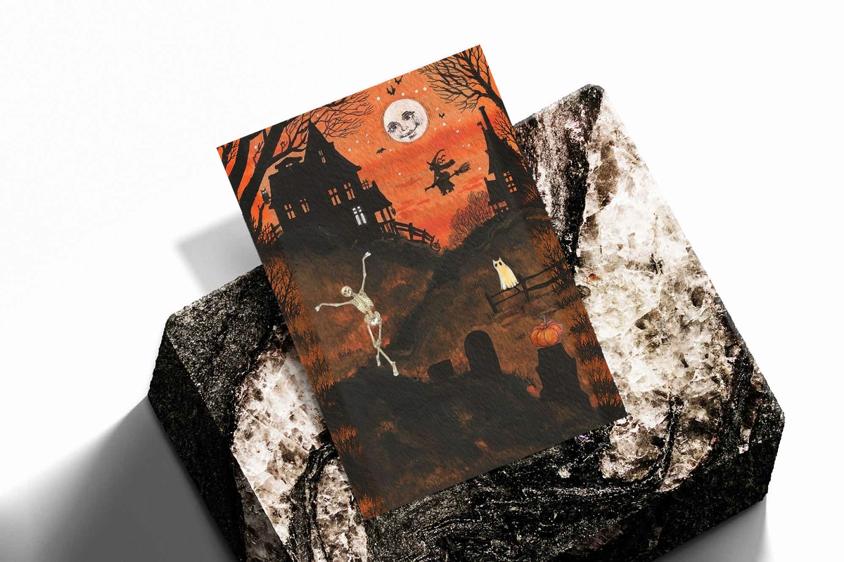 Halloween art print with dancing skeleton and moon face, unframed