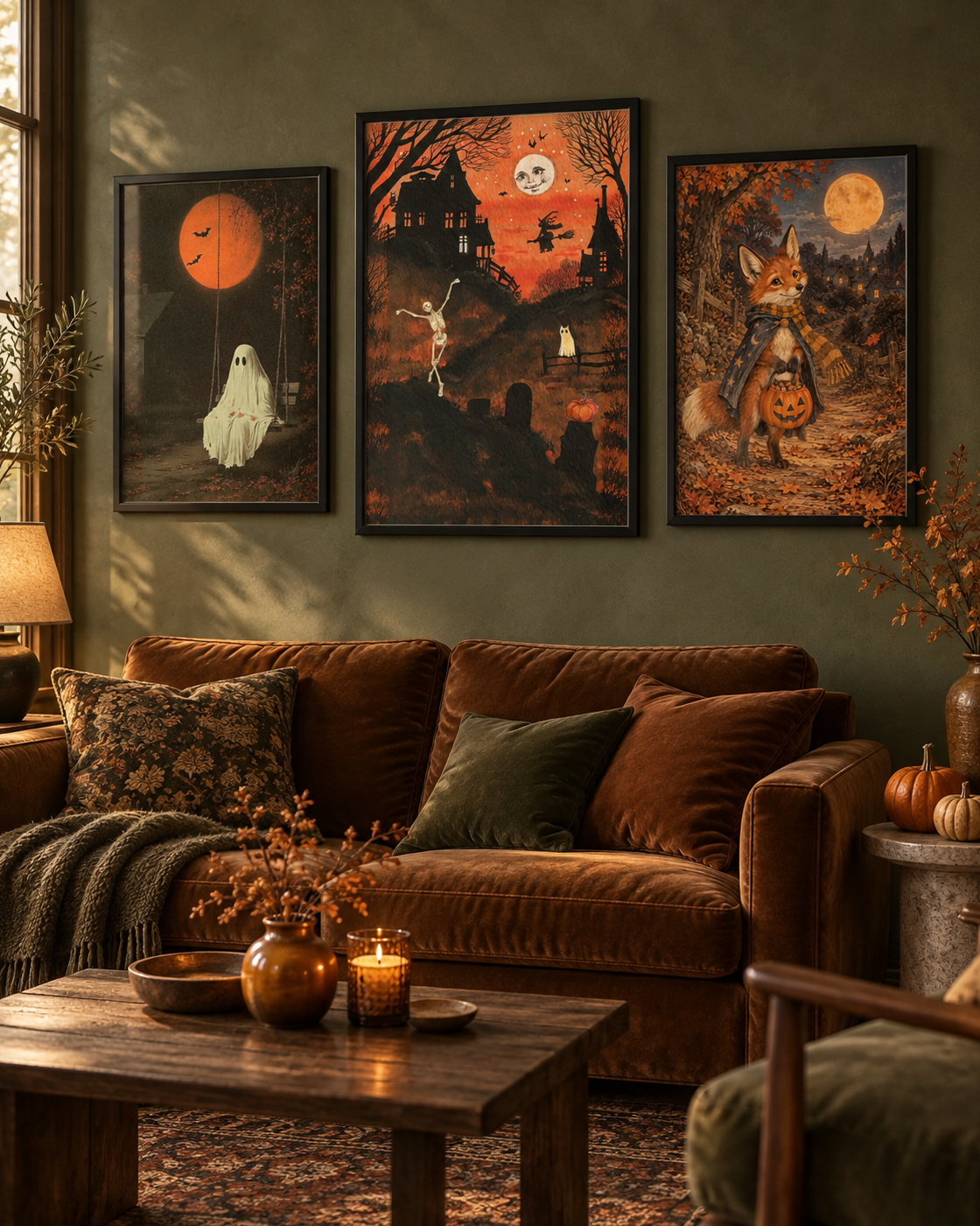Set of 3 black-framed Halloween wall art: ghost, moon house, cat with pumpkin.