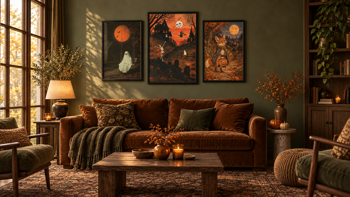 Set of 3 framed Halloween prints with ghost, spooky house and cat with jack-o-lantern.