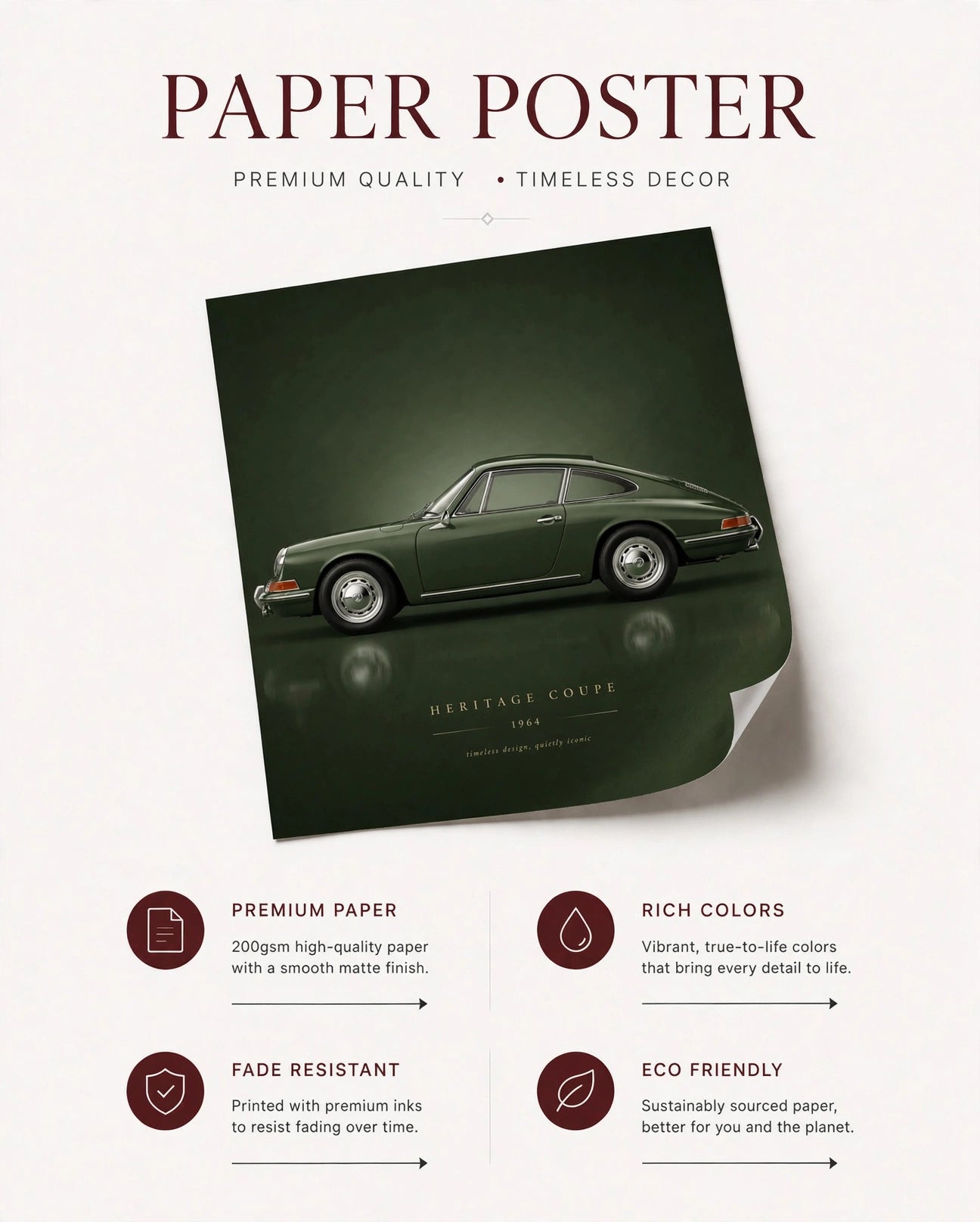 Classic sports car paper poster featuring a green vintage coupe on dark green
