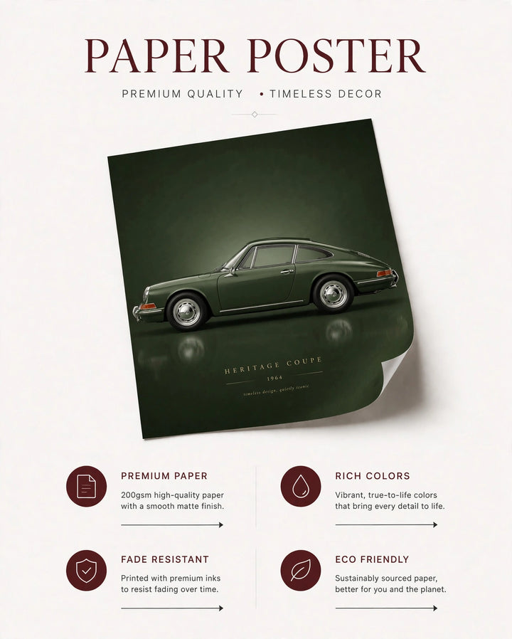 Classic sports car paper poster featuring a green vintage coupe on dark green