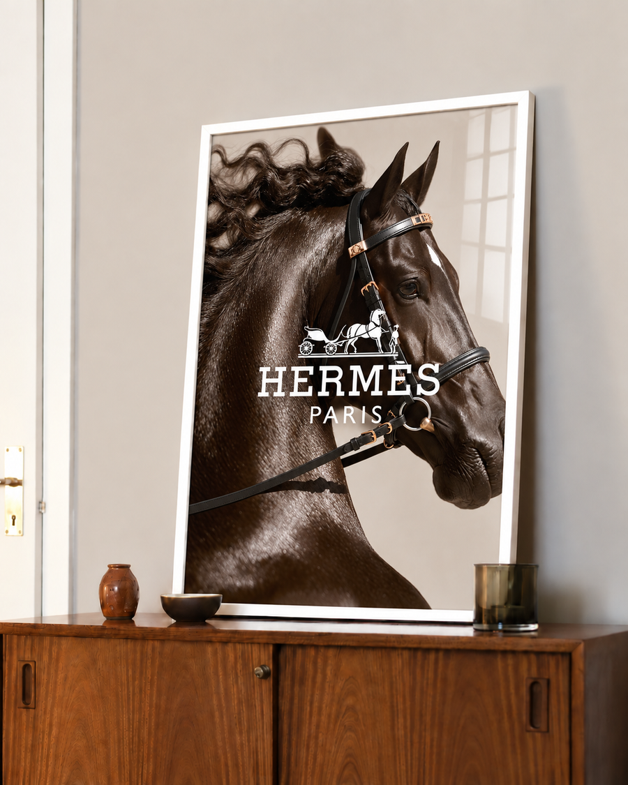 Hermès Paris horse equestrian wall art in a white frame