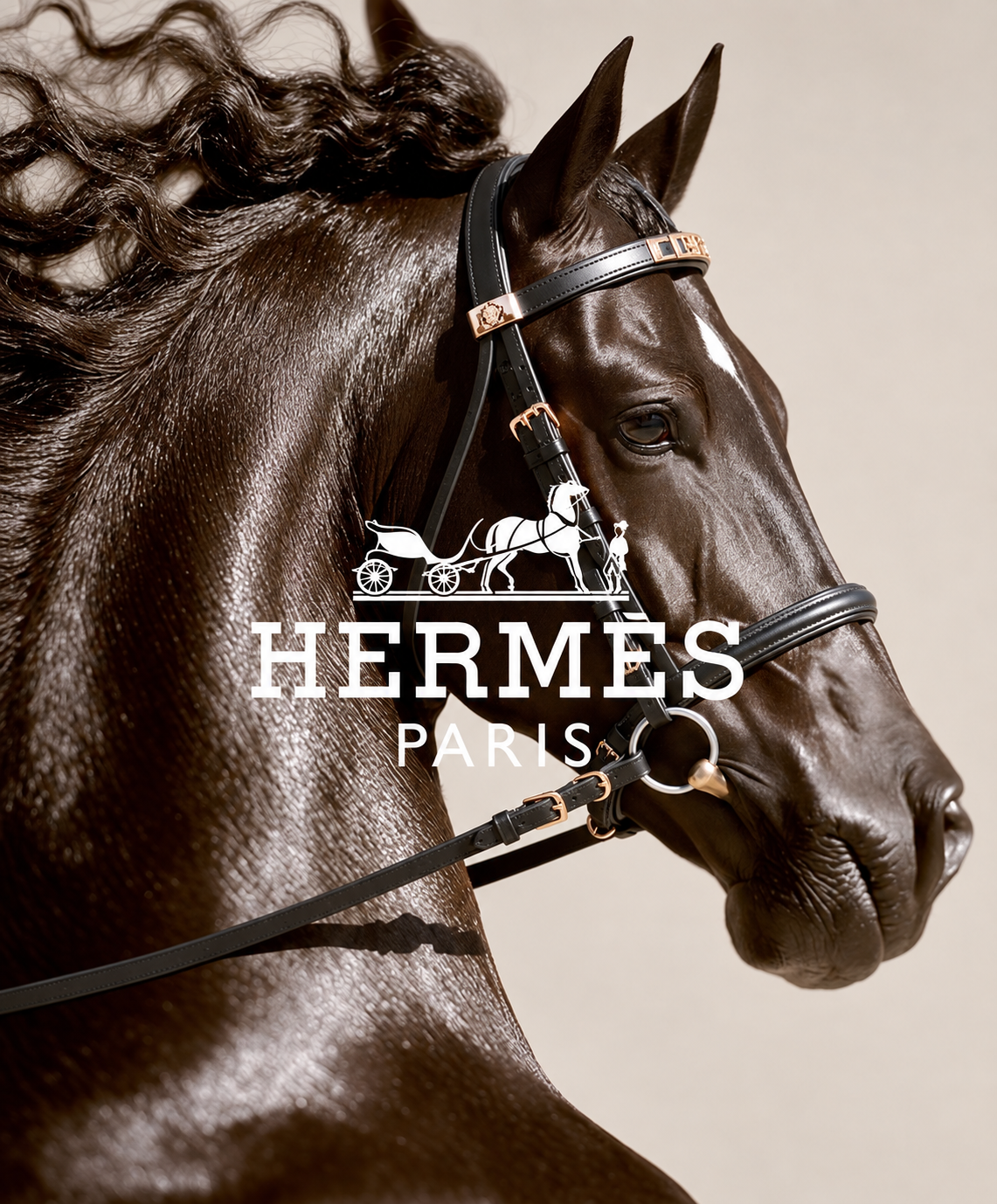 Hermès Paris horse poster with close-up of a dark horse in bridle